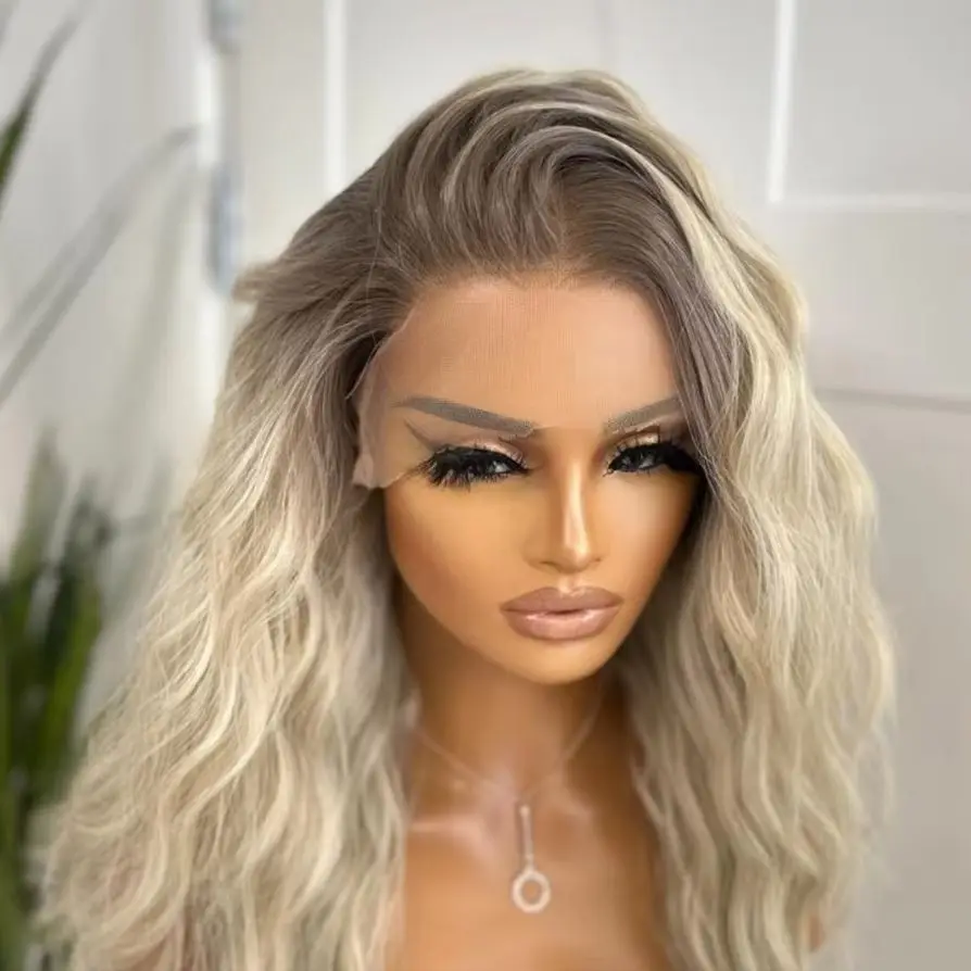 

Ombre Light Blonde Wigs Female Long Deep Wave Synthetic Lace Front Wig High Quality 13*4HD Transparents Lace Top Wig Cosplay Use