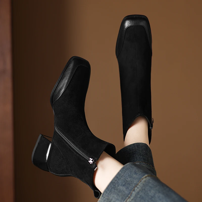 

2026 autumn winter women ankle boots natural leather plus size 22-26cm sheepskin+flannel square toe thick heel zip short boots
