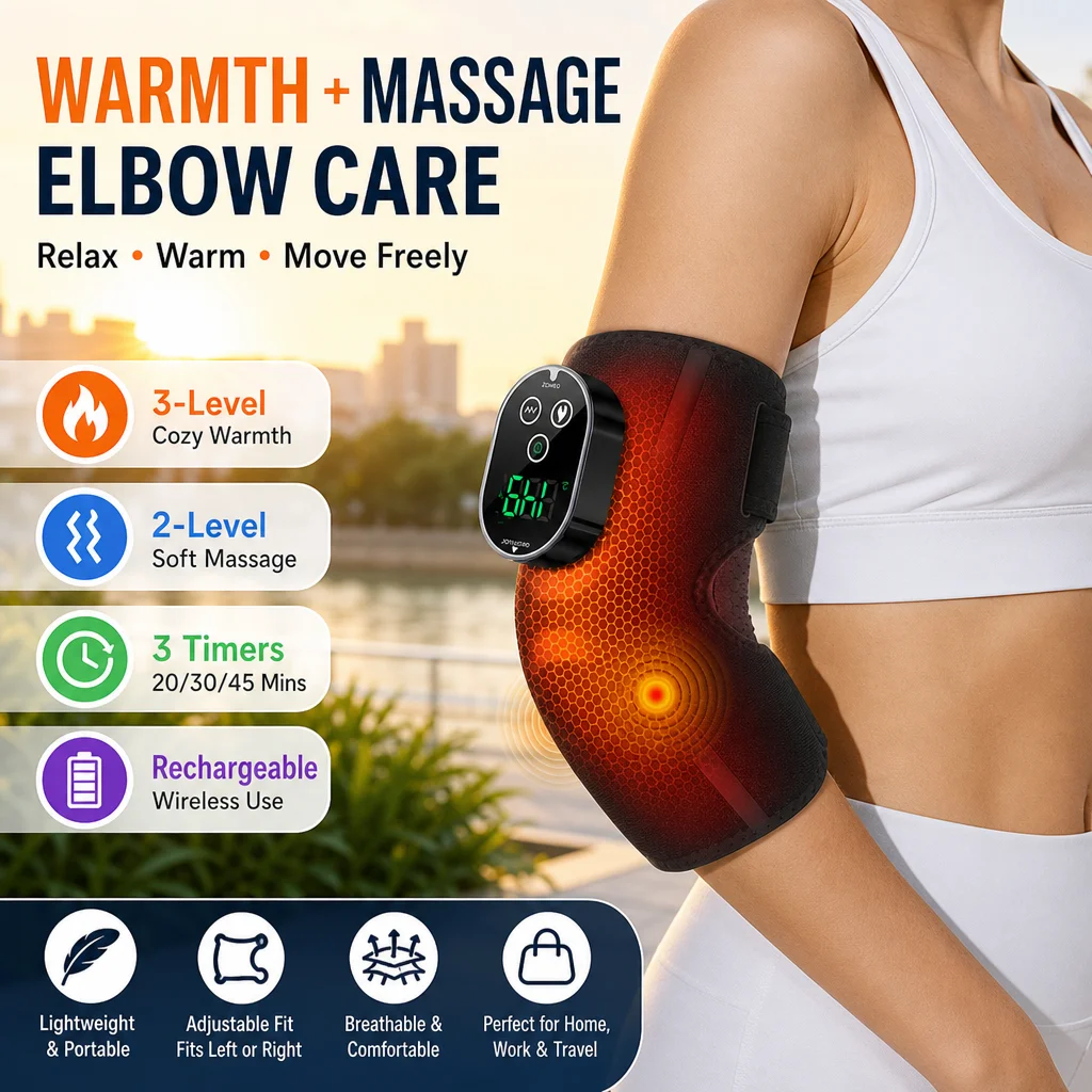 Cordless Electric Heated Massage Elbow Brace 5 Levels Hot Compress Elbow Vibration Massager for Tennis Sport Arm Muscle Joint