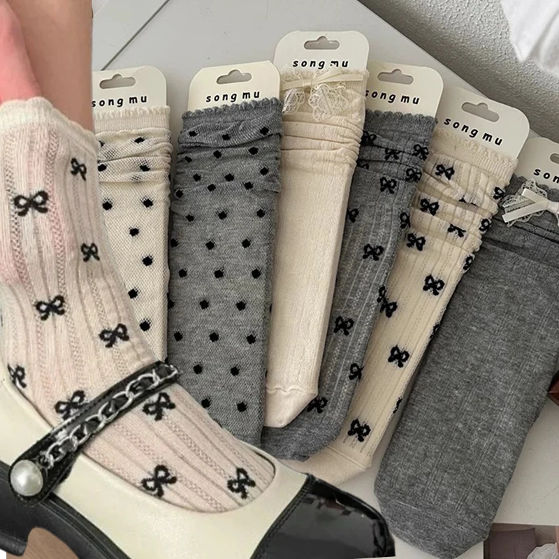 2024 Ballet Style JK Lolita Girls Kawaii Socks Korean Bowknot Loose Long Socks Women Thin Breathable Black White Gray Socks