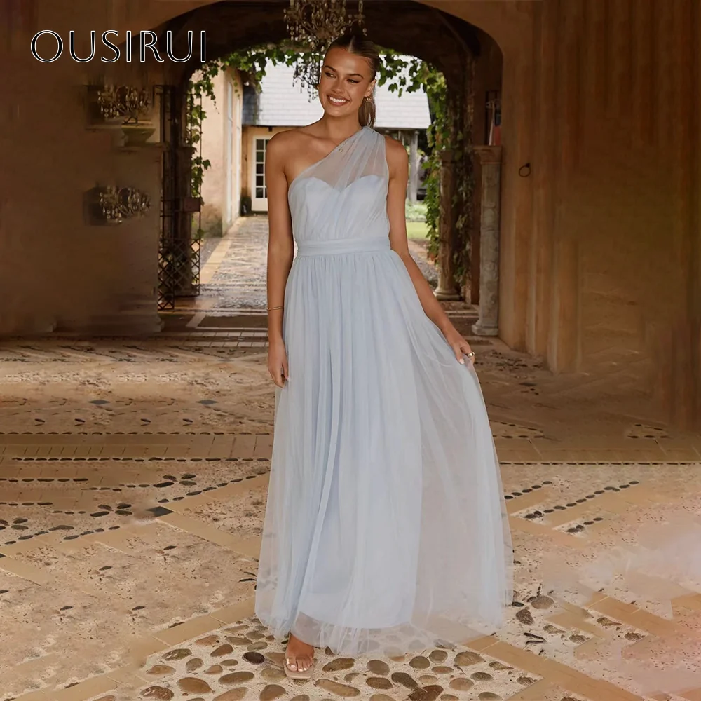 Vestido de noite linha A de um ombro, tule até o tornozelo, sem mangas, plissado, personalizado