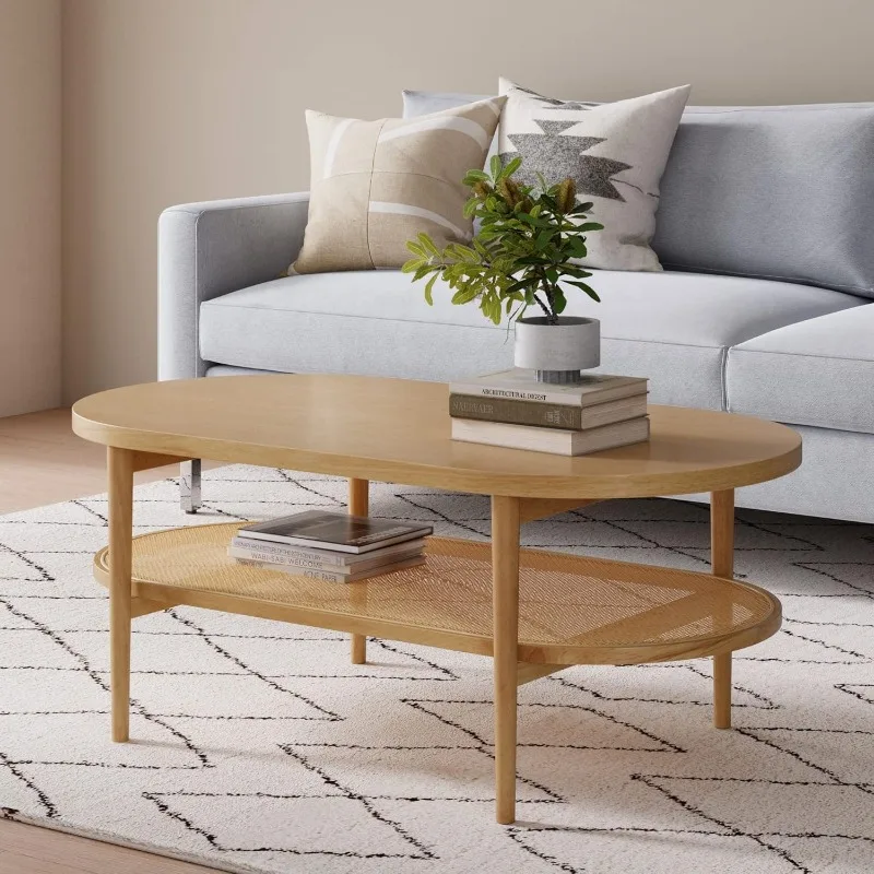 Coffee Table with Storage Shelf, Light Wood/Rattan Table Offers Spacious Table Top Plus A Sturdy Bottom Tier for Extra Storage.