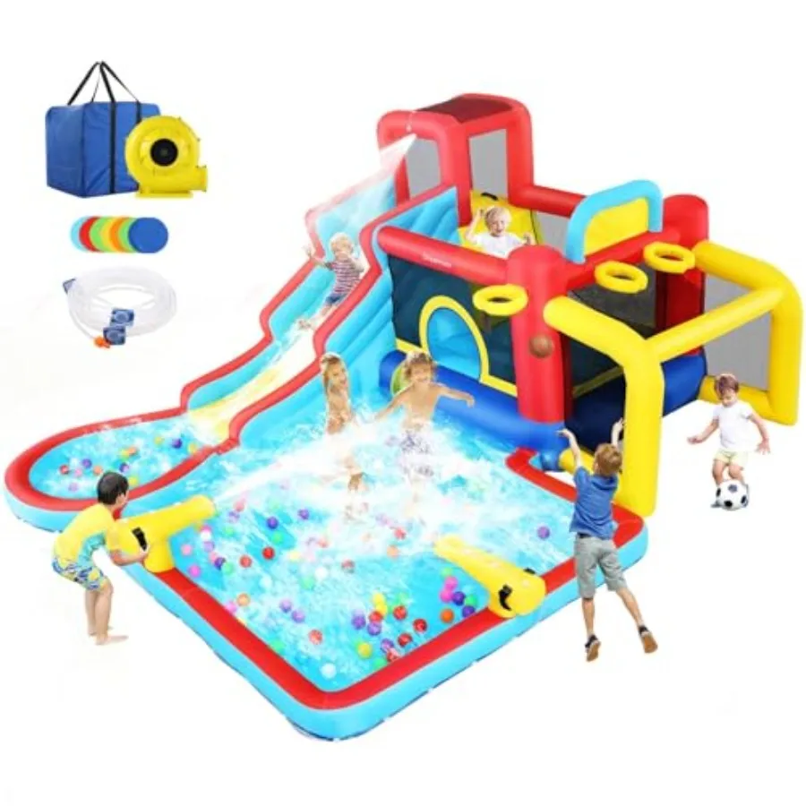 Water Slide Bounce House, Inflatable Water Slide Park with Blower, Family Backyard Jumping Castle Pool Bouncy House, Premium Qu