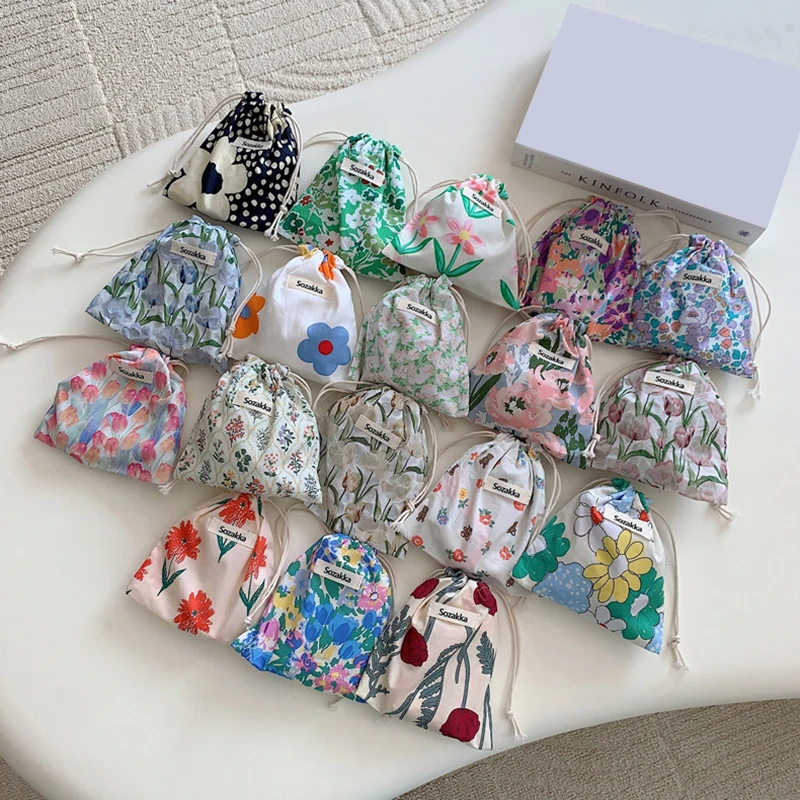 Woman Jewelry Cosmetic Travel Handbags Portable Small Floral Storage Pouch String Bag Cute Coin Purse Drawstring Bag