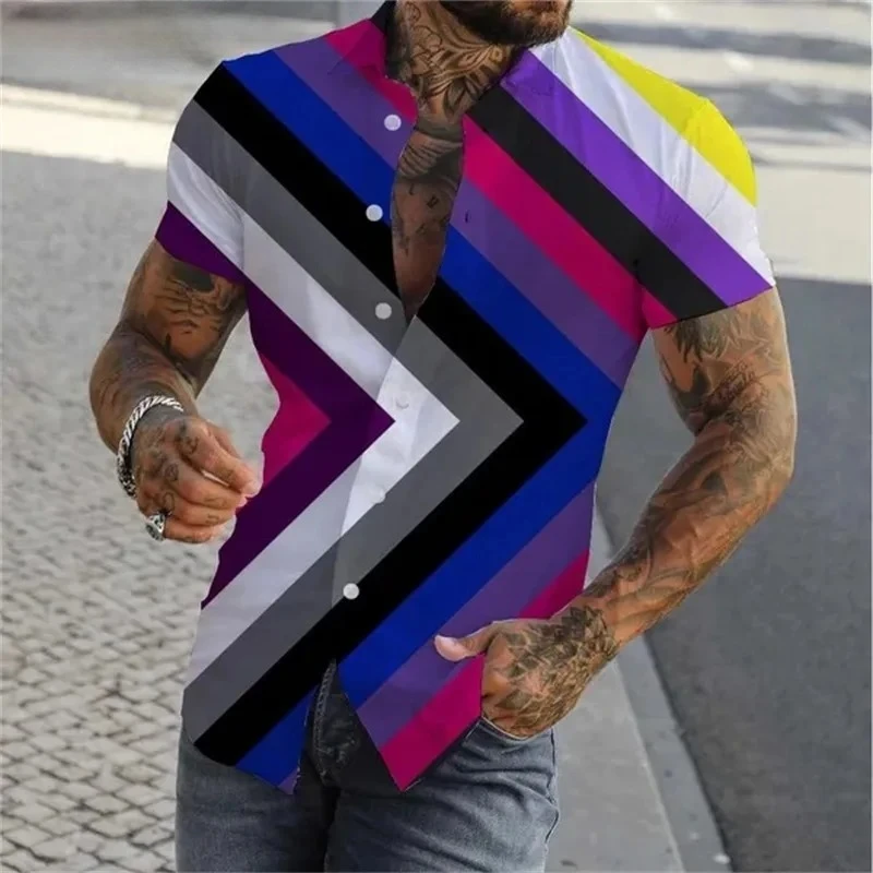 قميص قوس قزح ملون مطبوع ثلاثي الأبعاد للرجال صيفي غير رسمي بقصة ضيقة وأكمام قصيرة قمصان مثليه للمثليين قمصان علوية Camisas De Hombre #6