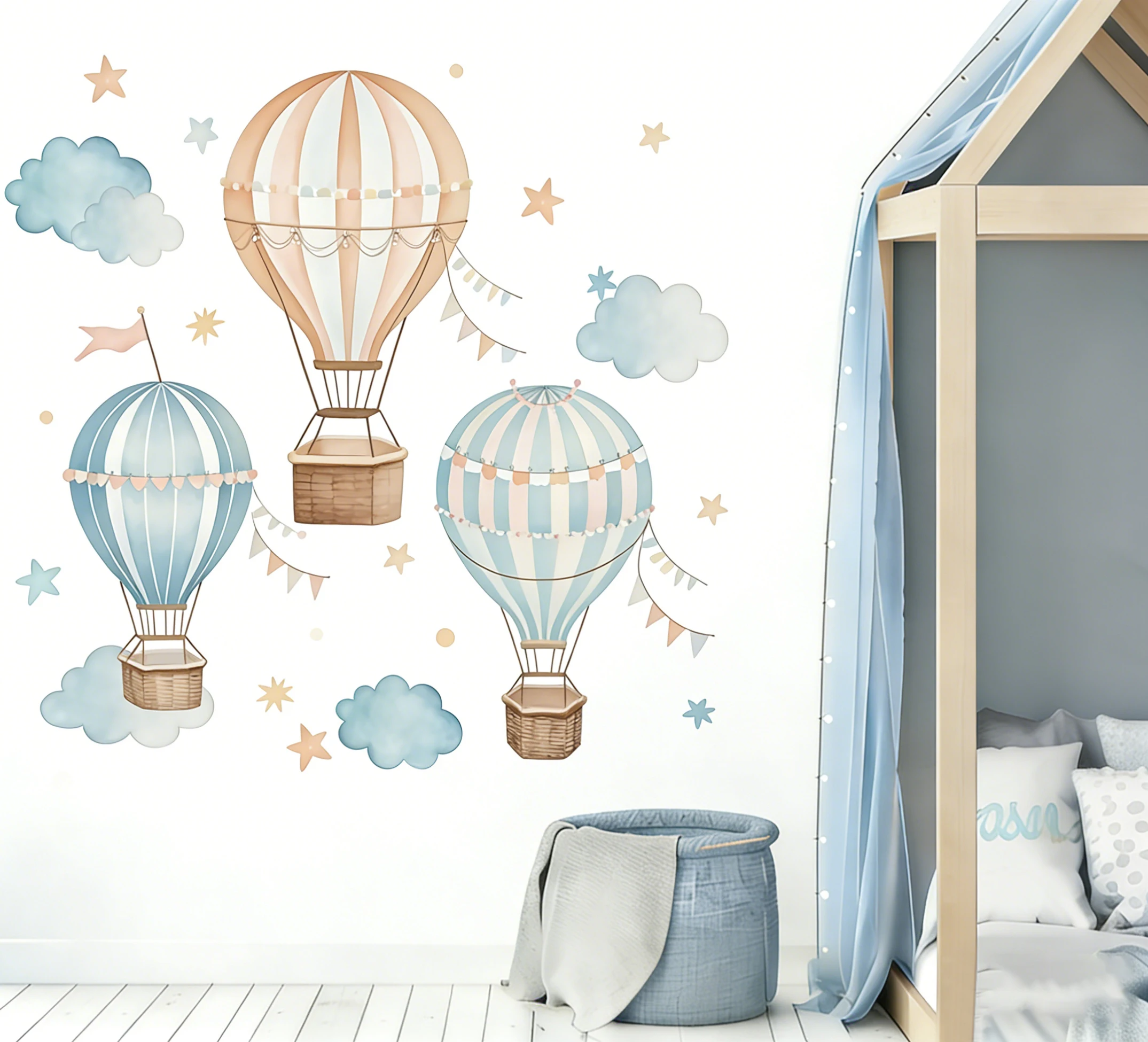 Watercolor Hot Air balloon Cloud Wall Sticker, baby Room Wall Renovation, Self-Adhesive Waterproof and Ugly Covering Wall Sticke