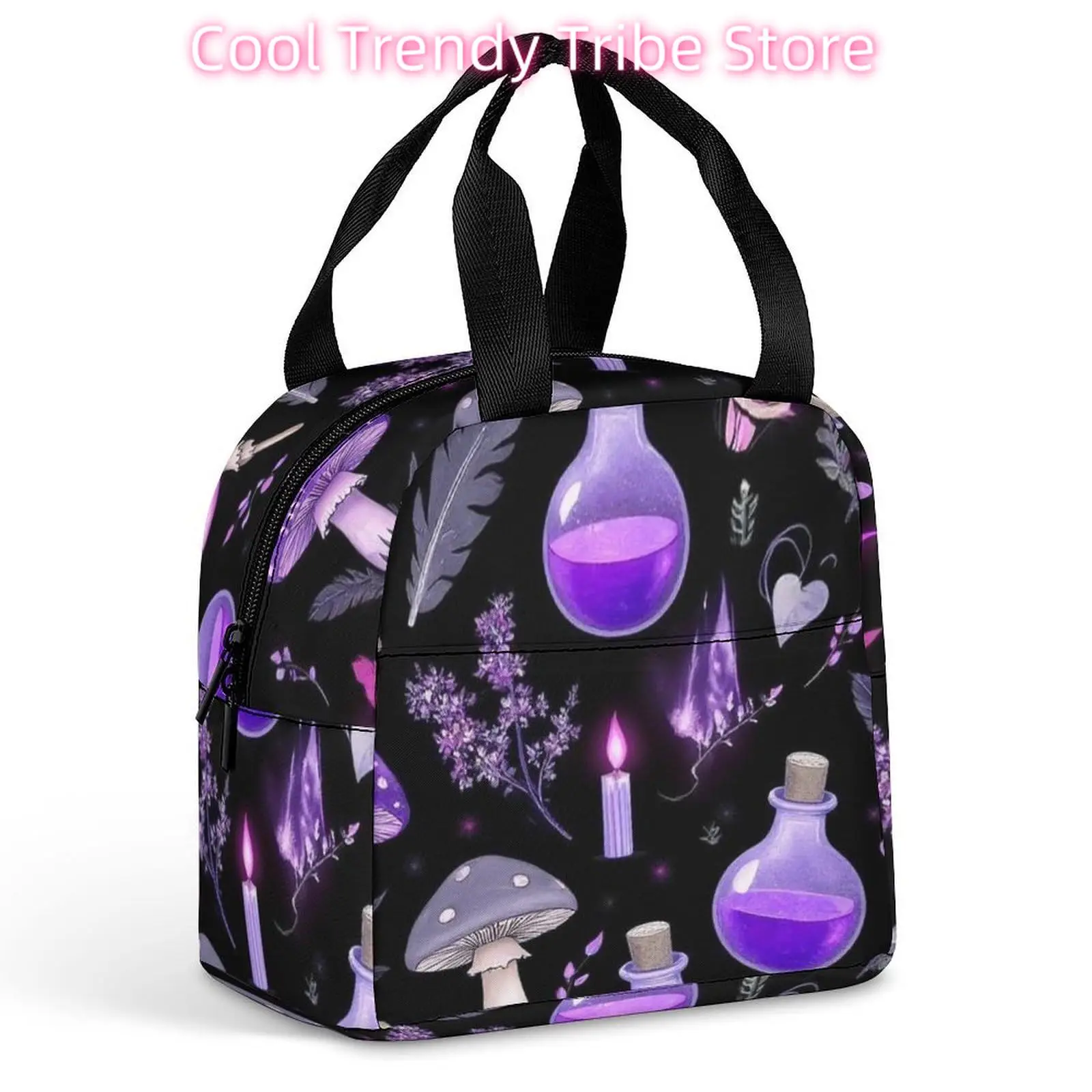 Large Fashion Picnic Insulated Lunch Bag Reusable Cooler Lunch Box For Office Gothic Magic Witch Witchy Trippy Purple Mushrooms