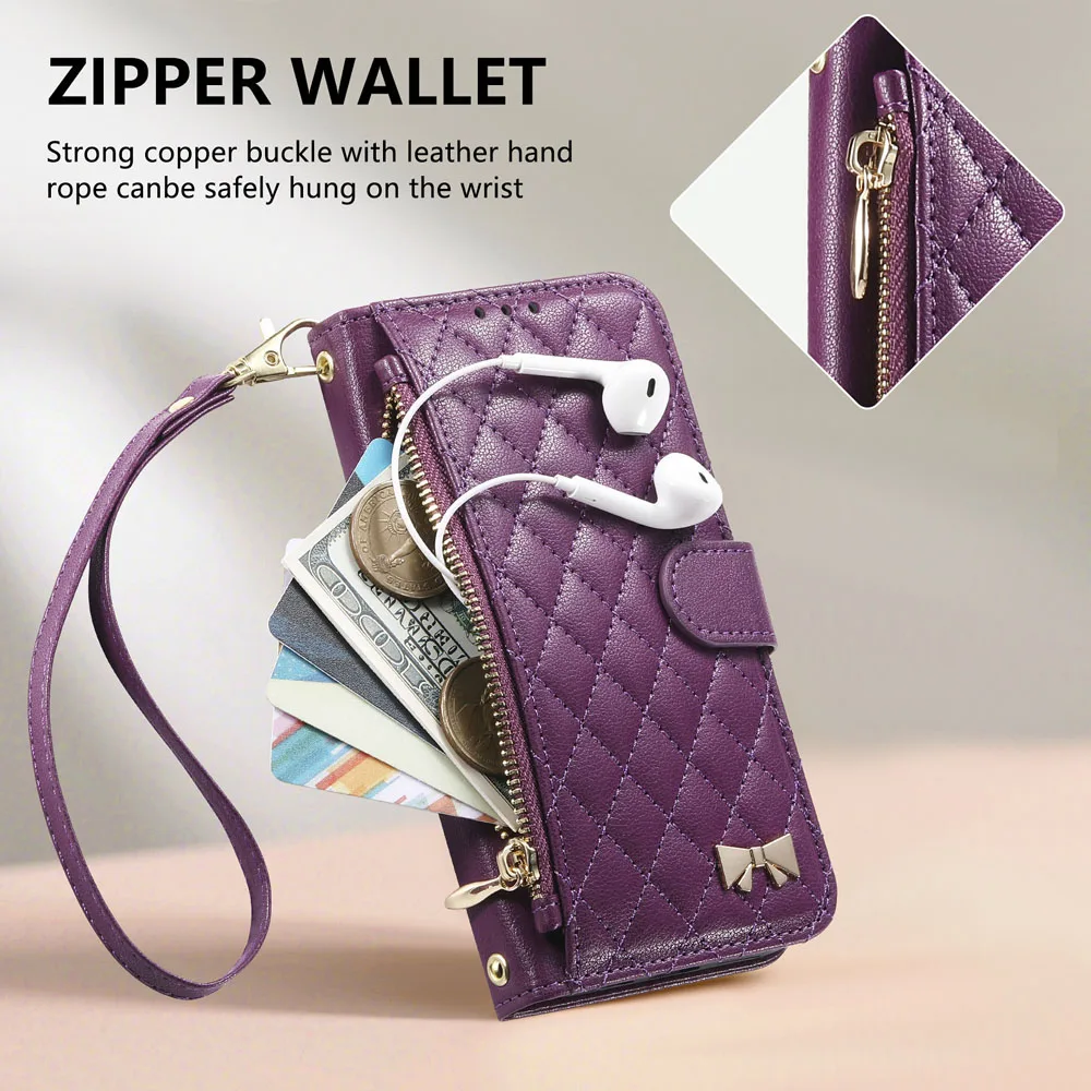 Etui z klapką, portfel na zamek błyskawiczny, skórzane etui na Motorola Edge 60 Pro 50 Fusion 70 G56 G75 G85 G86 G15, skórzany pokrowiec ze smyczą i paskiem na nadgarstek — zdjęcie produktu 2