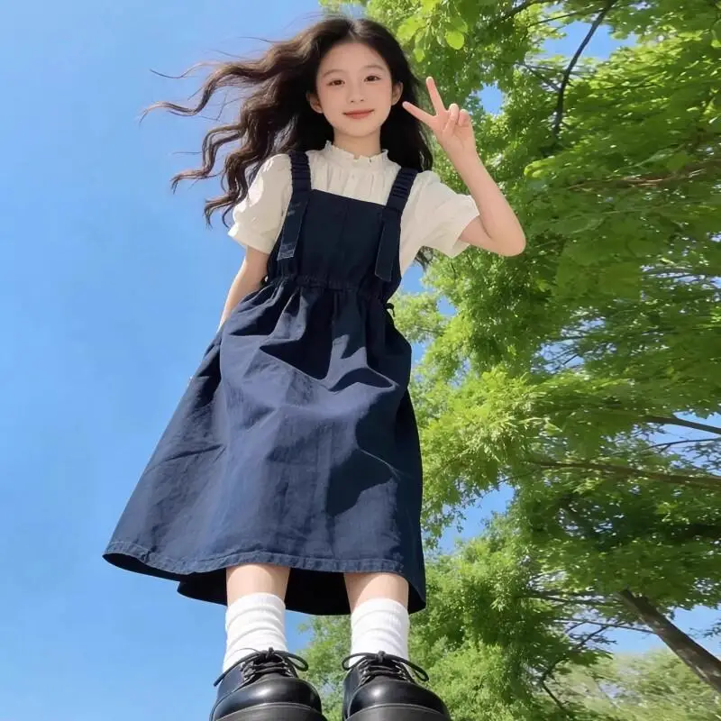 

New Girls Denim Overall Dress 2026 Summer Kids Midi Length Denim Short Sleeve Top Set Two Piece Casual Daily Wear Clothes Set