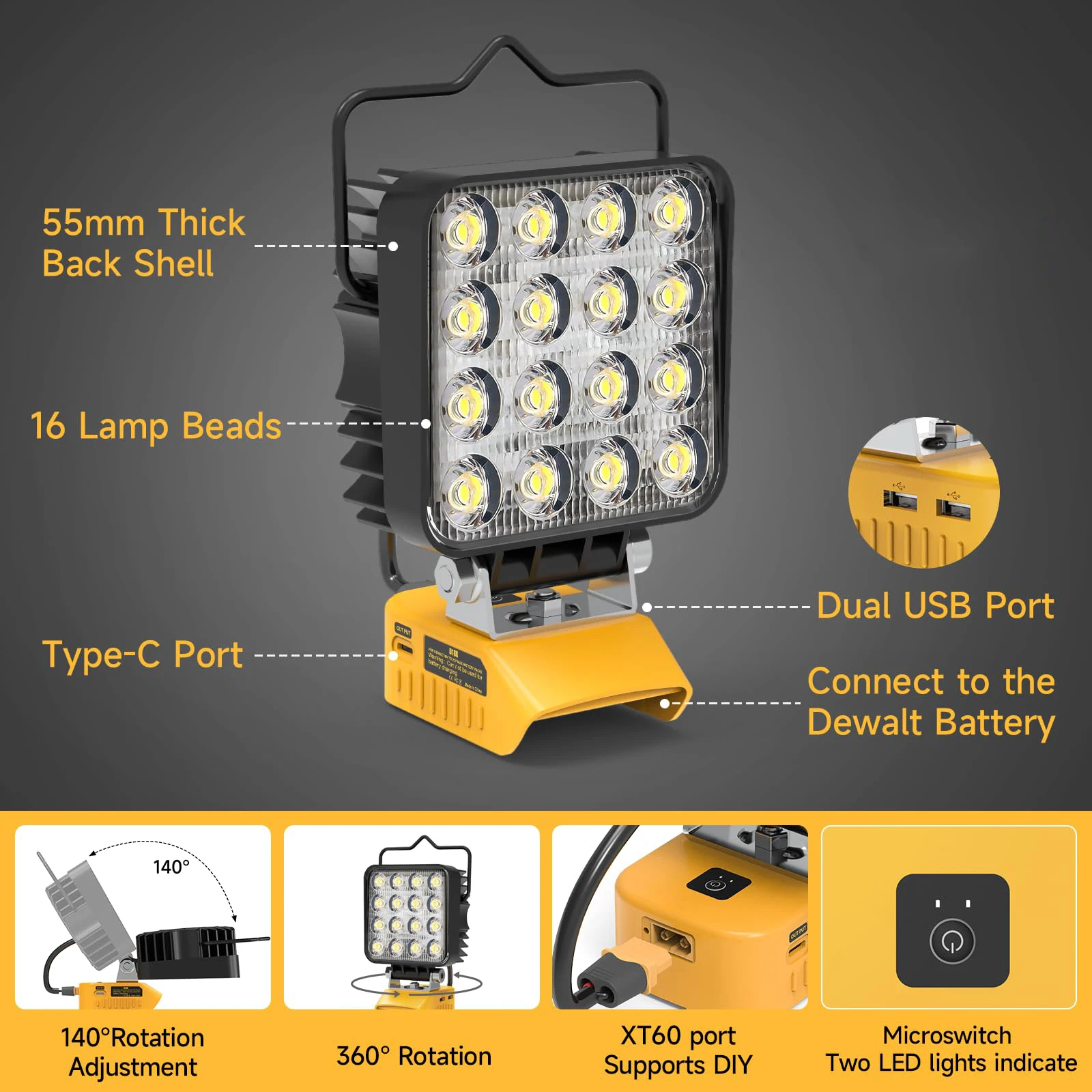 Kzreect for DeWalt 20V Battery 48W 4800LM Portable LED Work Light，with Multi-functional Adapter for Outdoor Use (No Battery)