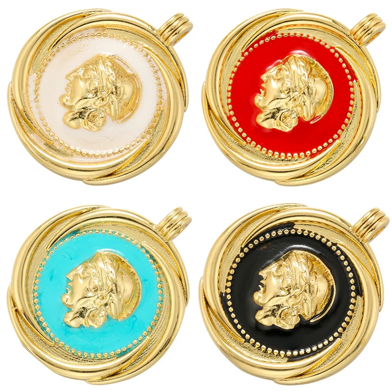 ZHUKOU Enamel Portrait Pendant Round Brass Necklace charms Women Handmade Jewelry Making Findings Accessories Wholesale VD1212