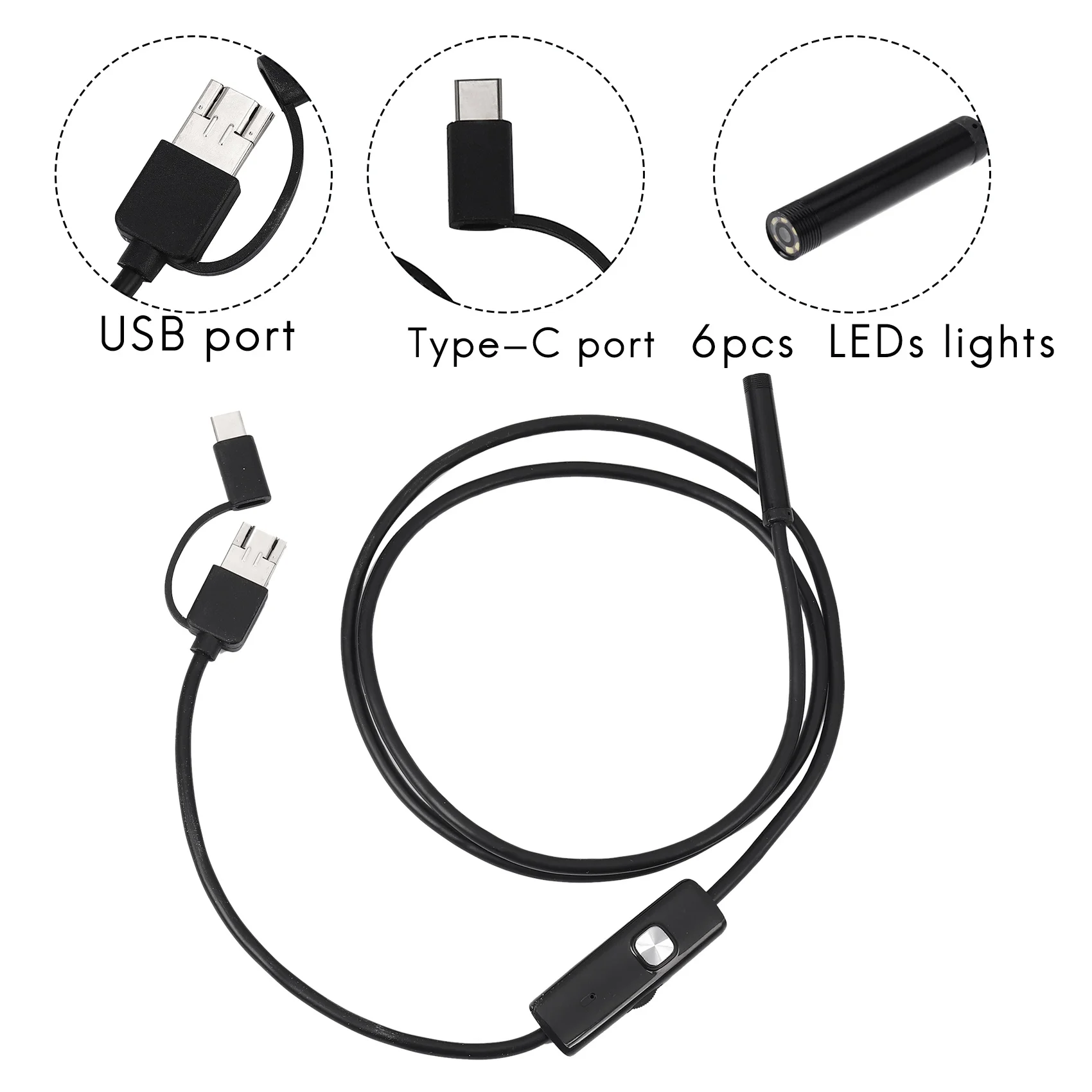 3-In-1 Industrial Endoscope Borescope Inspection Camera Built-in 6 LEDs IP67 Waterproof USB Type-C Endoscope for Android