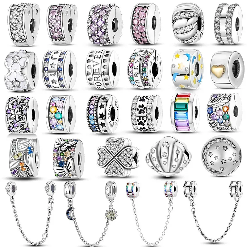 925 Silver Plated Charms Clasp Clip  Zircon Safety Chain Stopper Beads Fit Original Pandora Bracelet Diy Woman's Fashion Jewelry