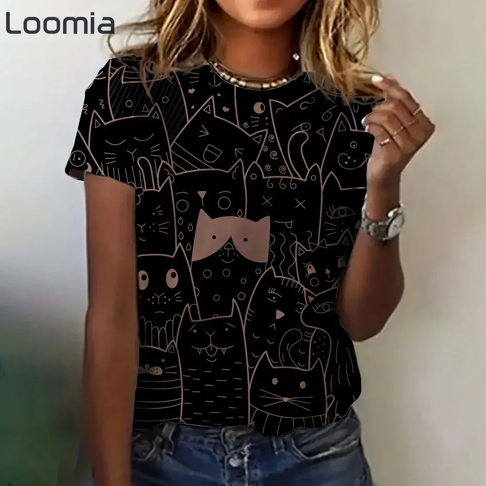 

Женская одежда с животным принтом, футболки с круглым вырезом и рисунком кота, новая летняя женская одежда, топ, женские уличные топы в стиле Харадзюку, женская одежда