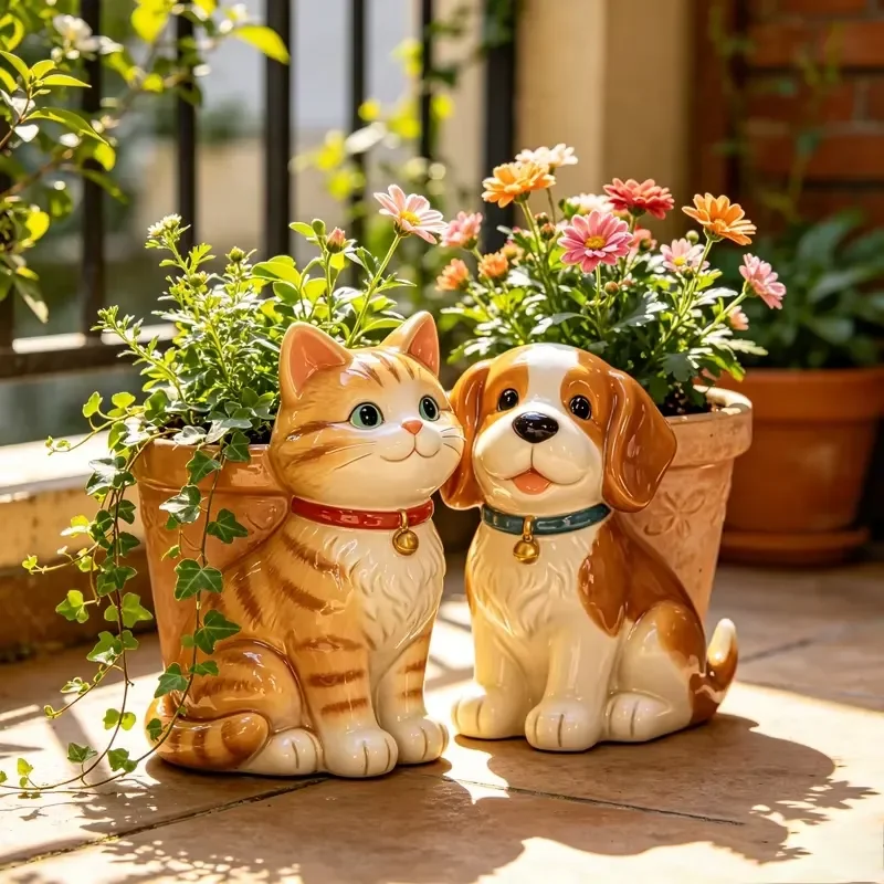 A51 Cat and Dog Flower Pot Cartoon Animal Sculpture Planter Vase Flowerpot Custom Resin Craft Decoration for Indoor Outdoor