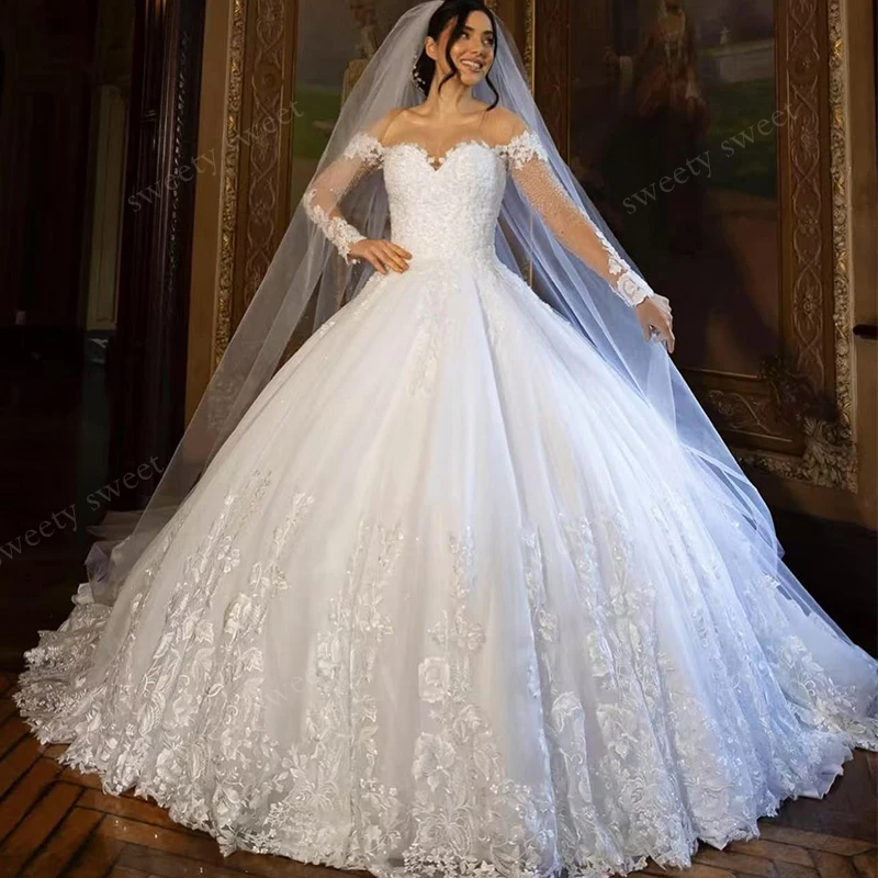 

Romantic Wedding Dress Organza With Embroidery Bead Princess Ballgown O-Neck Customized Full Sleeve Bridaldress Vestido De Novia