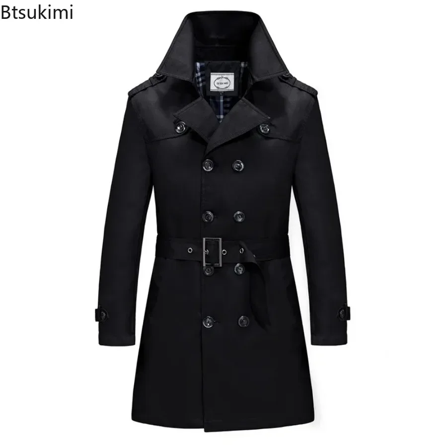 New British Style Men\'s Business Office Long Trench Coats with Belt Fashion Slim Windbreak Overcoat Male Double Breasted Jackets