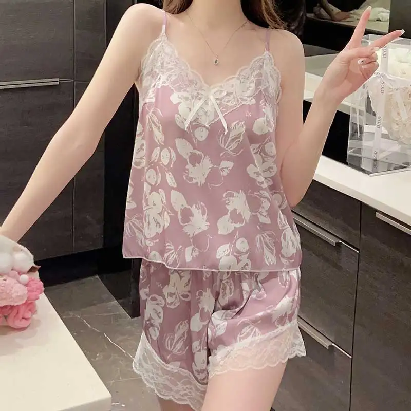 Big Size Pajamas Ladies with Corset Homewear Lace Sexy Halter 2024 Summer New Shorts Bubble Cotton Homewear Set