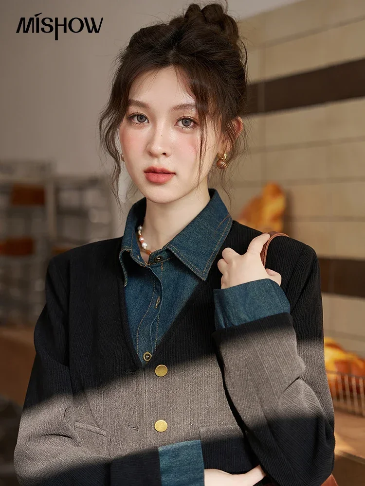 MISHOW Women\'s Vintage Denim Patchwork Two-piece Set Autumn Winter Fashion Coat A-line Skirt Separately Suit MXC52W0211