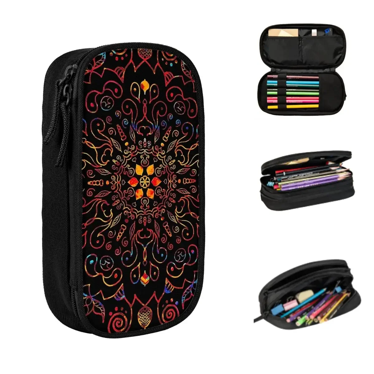 

Mandala With Black Background Pencil Cases Big Capacity Pen Bags Pen Box Pencil Pouch For Boys Girls Students Stationery School