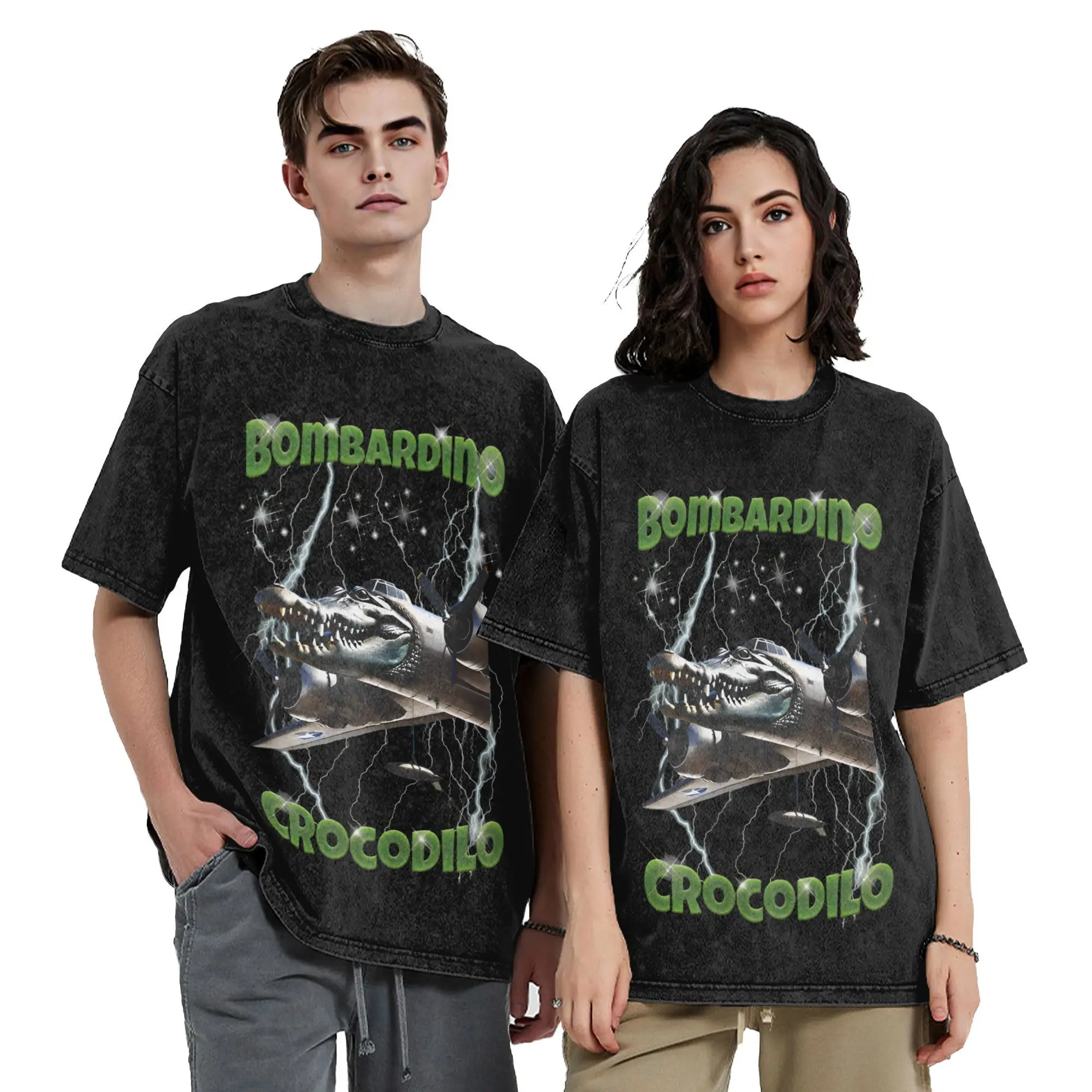 

Мужская и женская винтажная стираная футболка Bombardiro Crocodilo Meme Brainrot Crocodile Plane, одежда из чистого хлопка, футболки с круглым воротником P