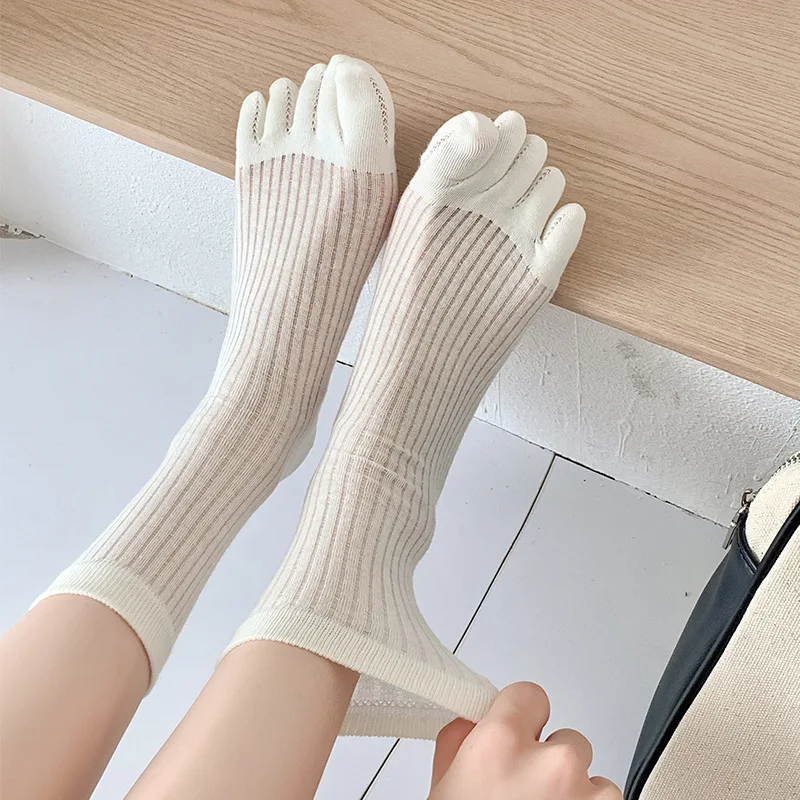 Spring Summer Thin Five Finger Socks Women Girls Solid Striped Split Toe Socks Ins Japanese Sweet Candy Color 5 Toe Cotton Socks