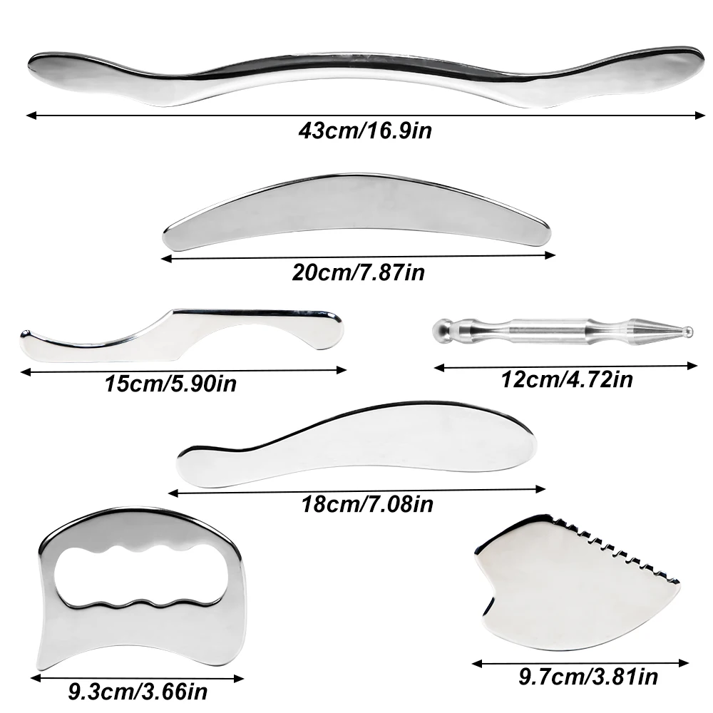 Set alat pijat kerokan Gua Sha, Set alat IASTM, alat Guasha baja tahan karat, alat pengeruk otot untuk terapi tisu lembut 7 buah