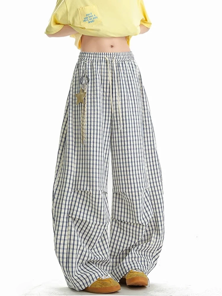 

Laid-ba Plaid Casual Pants Men's Women's Loose Star Decoration Wide Leg Pants Couple's Long Pants Straight Tube Jeans