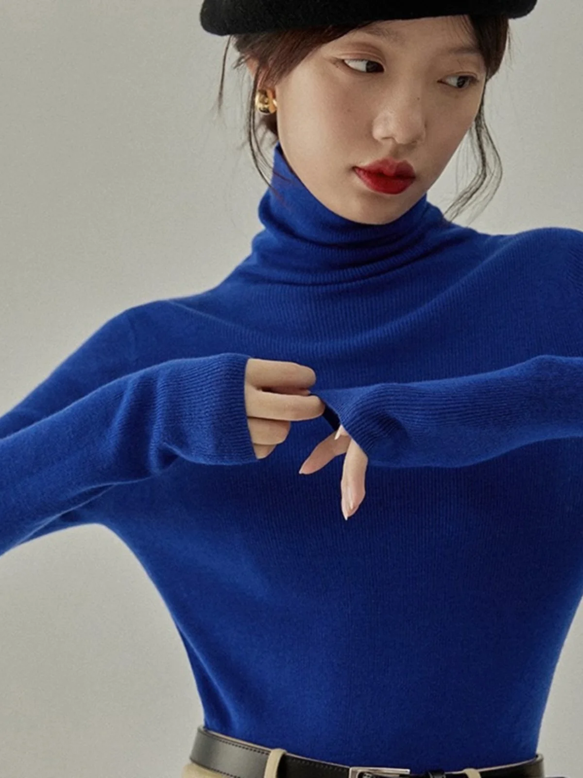 

High-End Women's Woolen Knitted Base irt Long Sve High Collar Winter Faion Casual Sle Blue Innerwear Sweater Top
