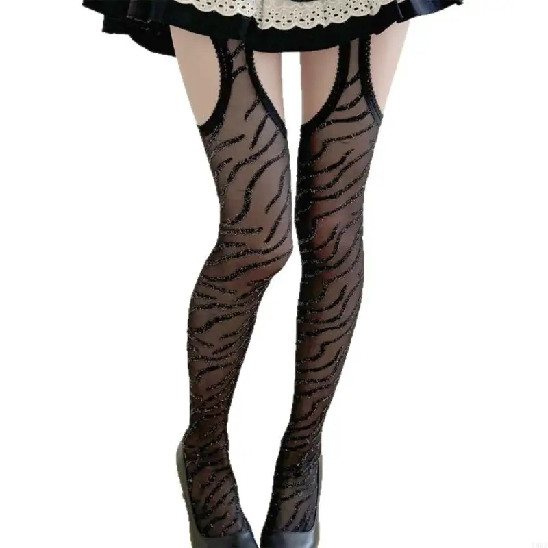 

Y88A Edgy Zebras Print Sheer Pantyhose Stockings Silver Thread Weaving Thigh Openings Faux Suspender Nylon Tights for Women