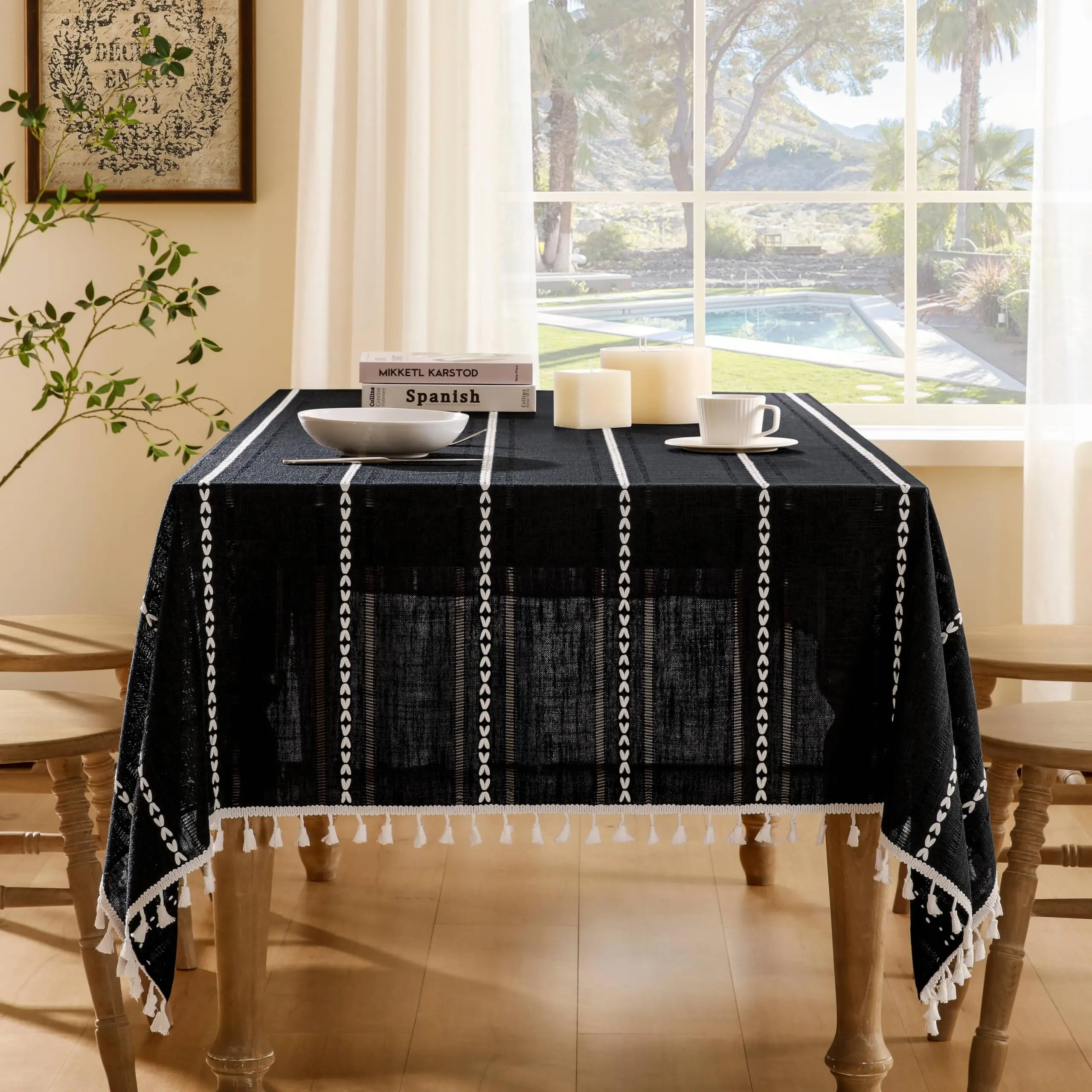 Hemstitched Embroidery Striped Boho Tablecloth,Heavy Weight Farmhouse Burlap Tablecloth, Wrinkle Resistant Washable Table Cloth