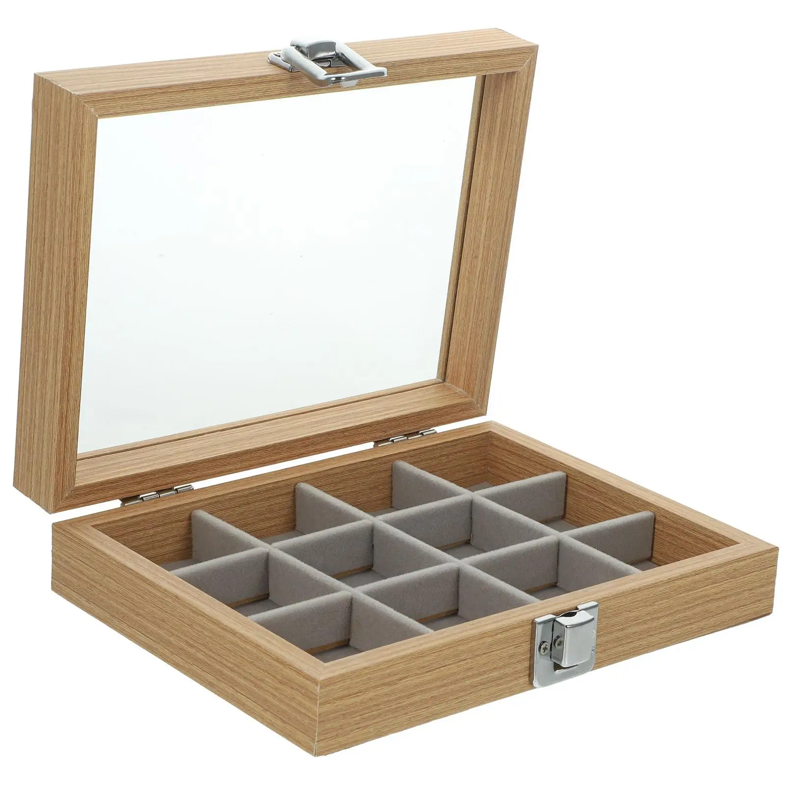 

Wooden Jewelry Box 12 Grids Portable Small Size Clear Lid Multi Compartment Storage ganizer For Travel Display Case