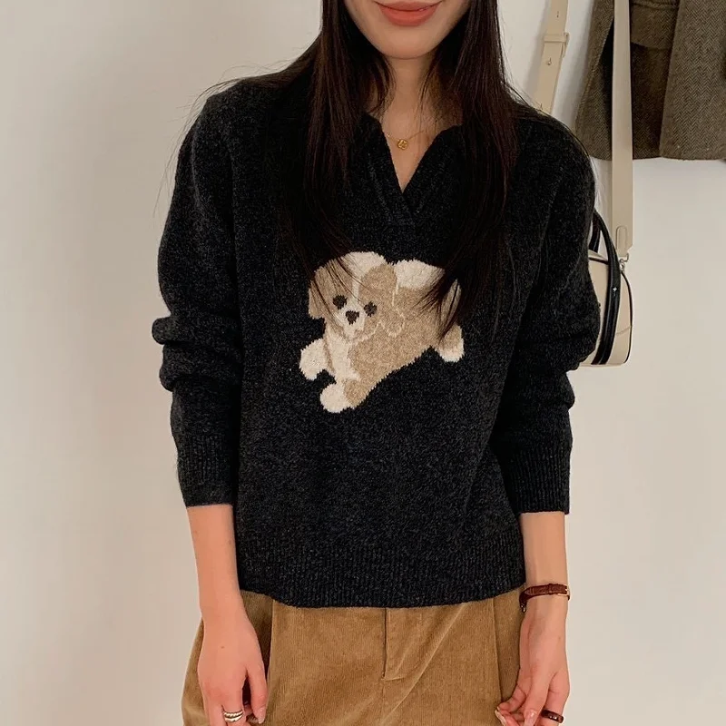 Autumn and winter women's casual dog pattern lapel long sleeved loose sweater