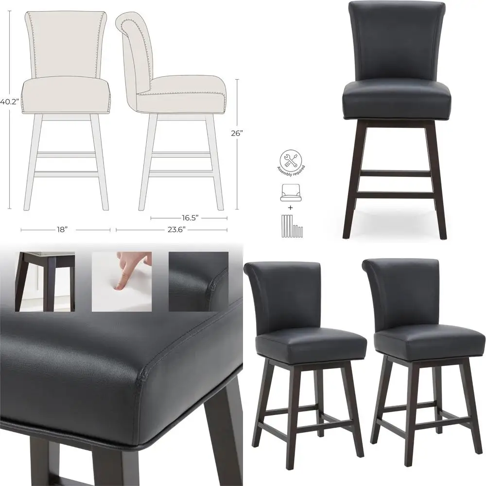 

26 Inch Counter Height Swivel Bar Stools Set of 2, Modern Upholstered Faux Leather Swivel Barstool Chair with Back, Black