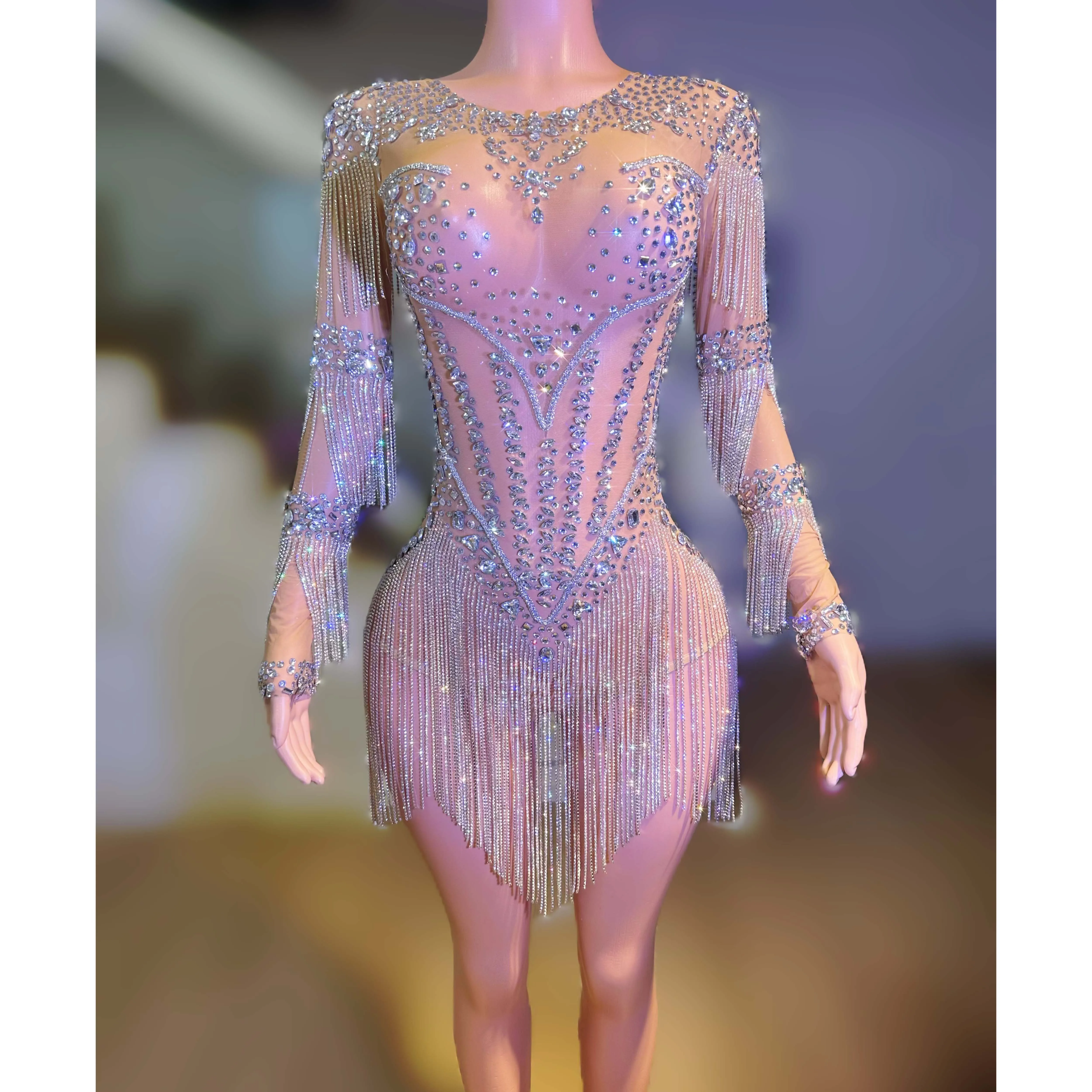 メッシュ長袖パフォーマンスダンス衣装 バーステージウェア クラブレオタード キラキララインストーンチェーン 透明ボディスーツ レディースセクシー