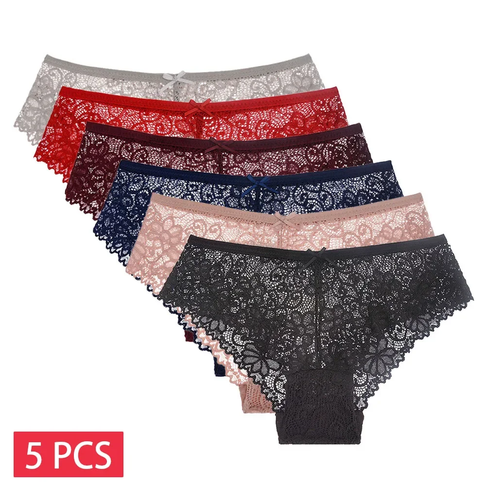 

5 PCS/Set Mesh Briefs M-2XL Lace Panties Sexy Transparent Underwear Low Rise Panties Girls Intimates Lingeri