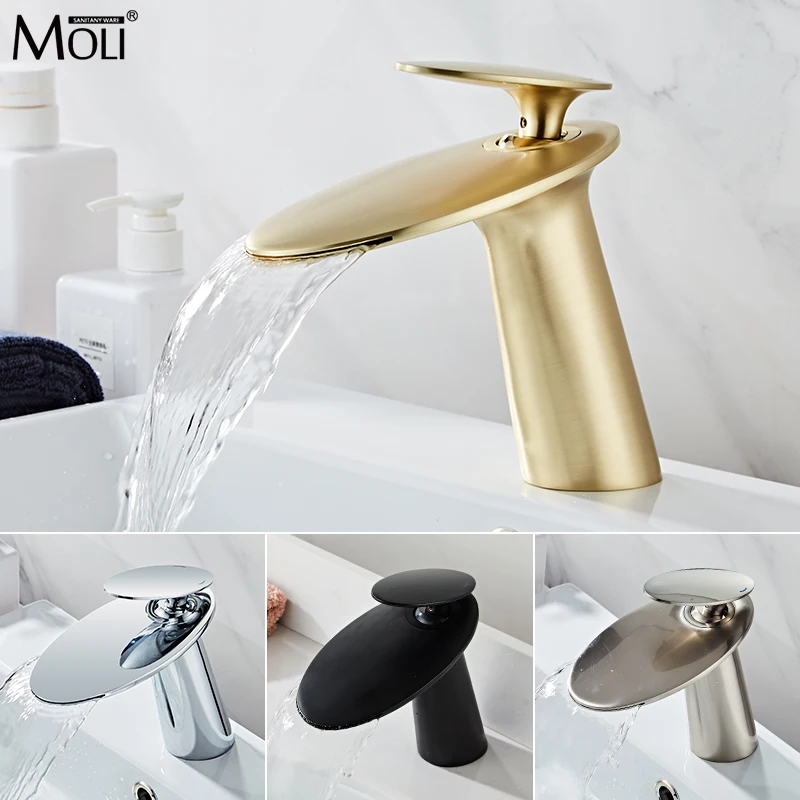 

MOLI Brass Gold Waterfall Bathroom SinkFaucet Basin Mixer Tap Water Robinet Hot Cold Bath Mixer Water Tap MOL459