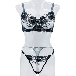 Sweet Flower Mesh Embroidery Perspective lingerie Set Sexy Transparent Intimates Women's Solid Exotic Apparel Suit Underwear Bra