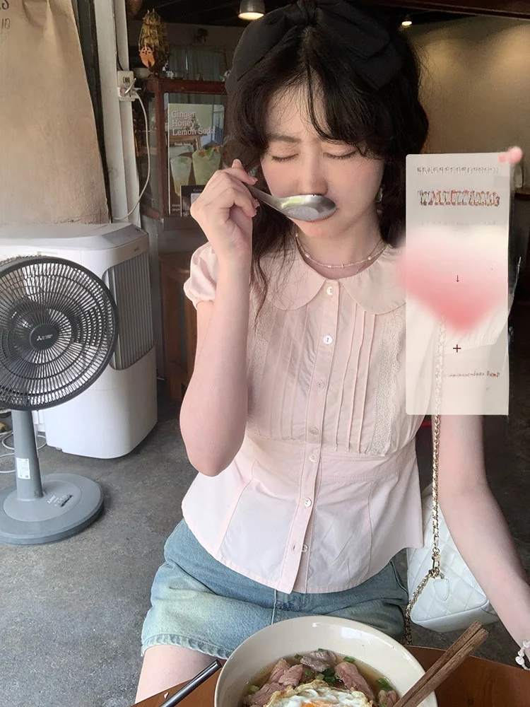 

PtonUmi Summer ort Sve irt Women's Design Sense Lace Trimmed Waist Cinched Doll Collar irt Korean Sle Slim Fit