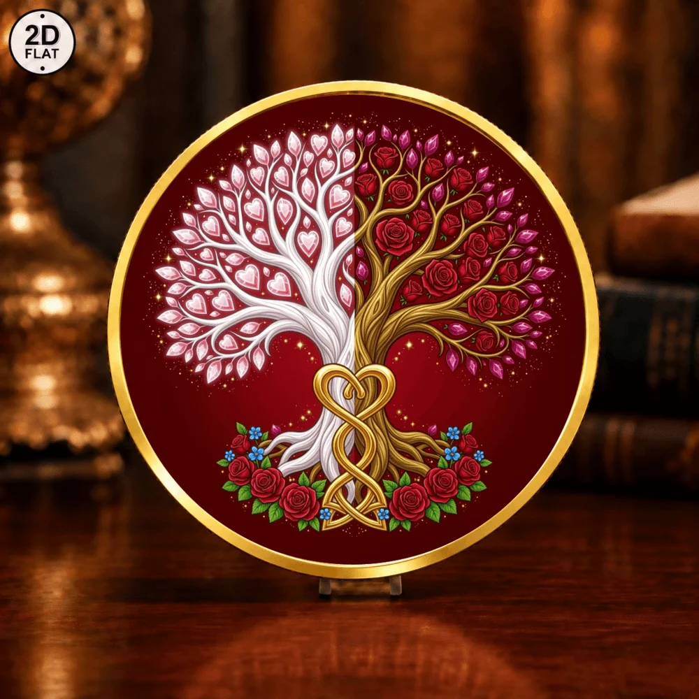 1pc Eternal Love Tree of Life Commemorative Coin UV Print Intertwined Heart Roots & Red Rose Challenge Medal Love Keepsake Gifts