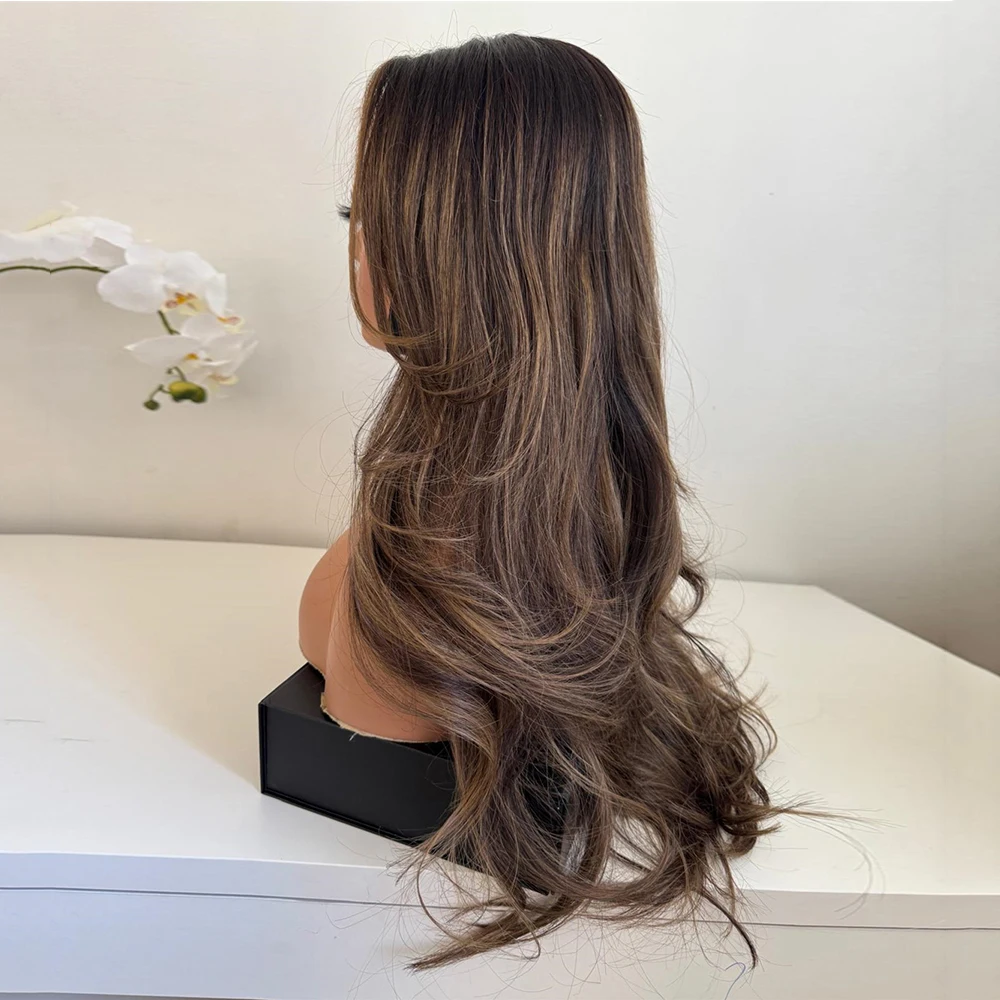 

High Quality Brown Blonde Balayage Highlighted Long Wig Natural Hair Glueless Synthetic Lace Front Wig for Women Realistic Style