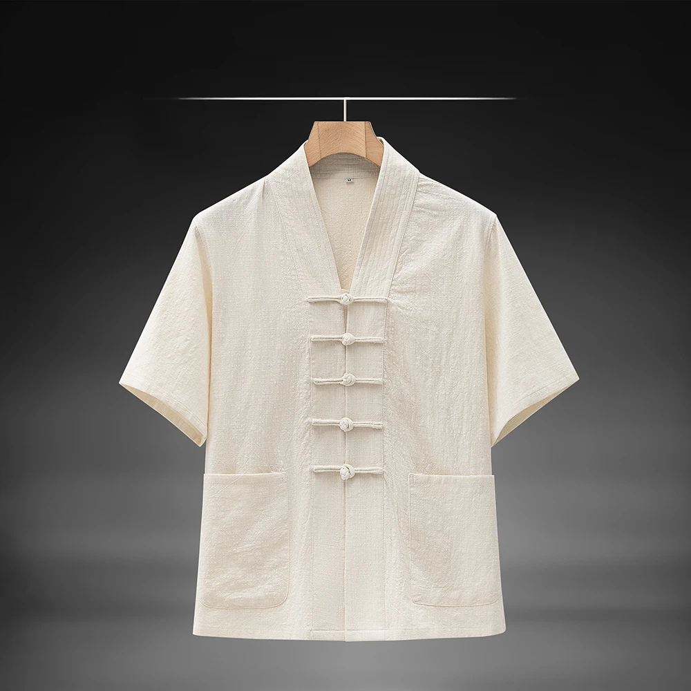

Men New Chinese Style Shirt Summer Cotton Linen Shirts Short Sleeve Stand Collar Frog Button Hanfu Traditional Casual Blouse