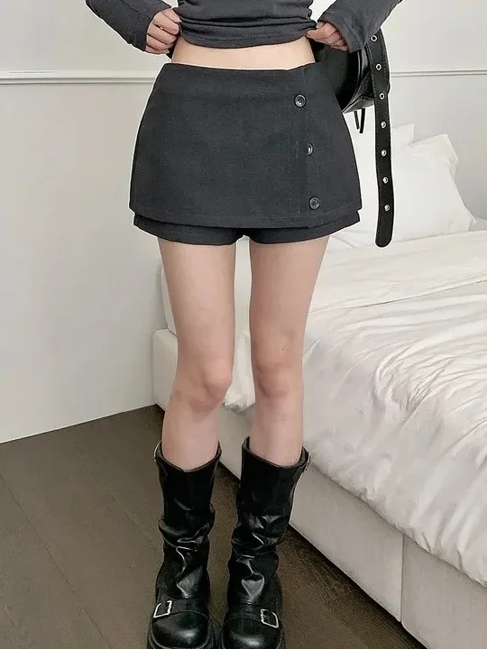 Chic High Waist A-Line Skirt Women's Summer Suiting Fabric Anti-Light Design Button Short Skirt Polyester Fiber