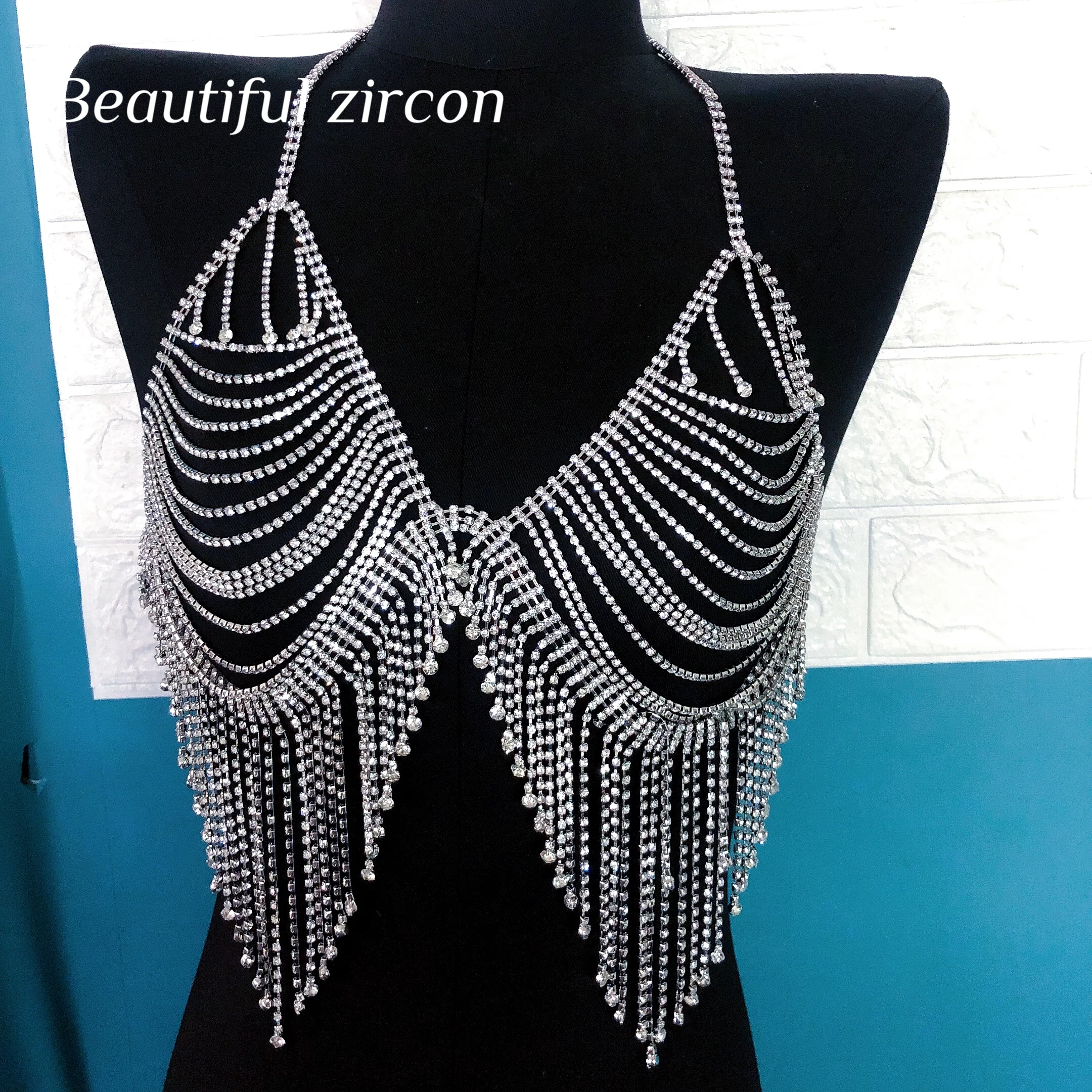 2022 new long tassel shiny crystal body chain Bikini Bra sexy jewelry Rhinestone body chain underwear thong Beach Party accessor