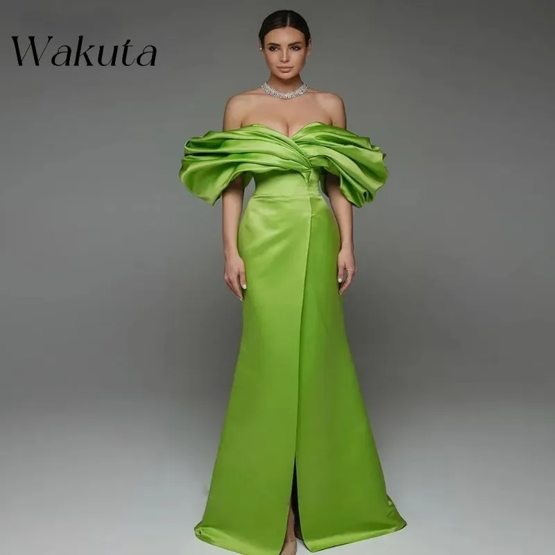 

Wakuta Elegant Long Satin Evening Gala Dress Pleated Off Shoulder Sweetheart Formal Occasion Party Gown Corset Back robe de bal