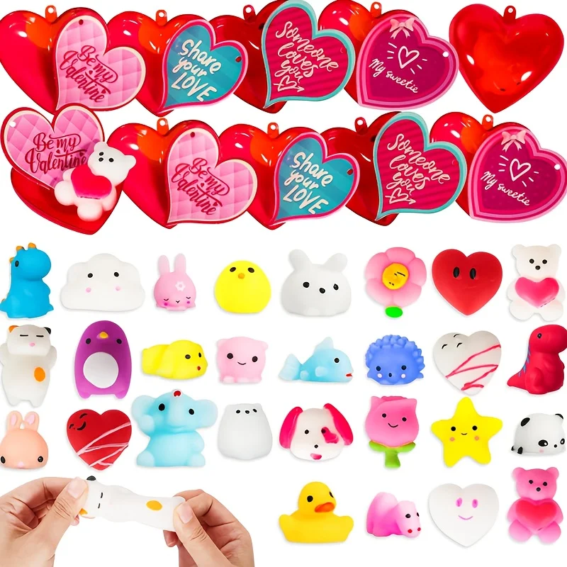 20PCS Valentine Mochi Squishy Toys Filled Hearts with Valentine Cards for Kawaii for Valentine Classroom Exchange Toys Classroom