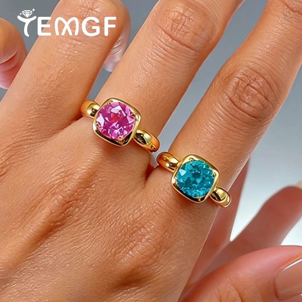 TEMGF 18K Gold Plated Pink Blue Gem Ring For Women 8mm Round Cut High Carbon Diamond 100% 925 Sterling Silver Wedding Jewelry