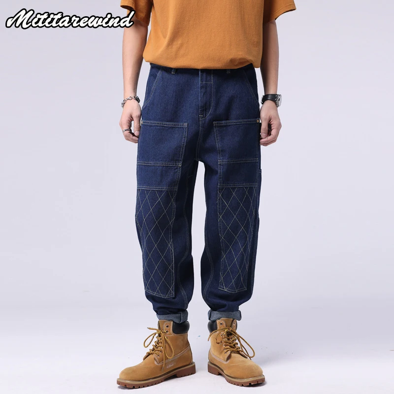 Streetwear Designer Jeans for Men Multi-pockets Casual Loose Denim Pants Men Straight Jeans Men Big Pockets Cotton Trousers Men