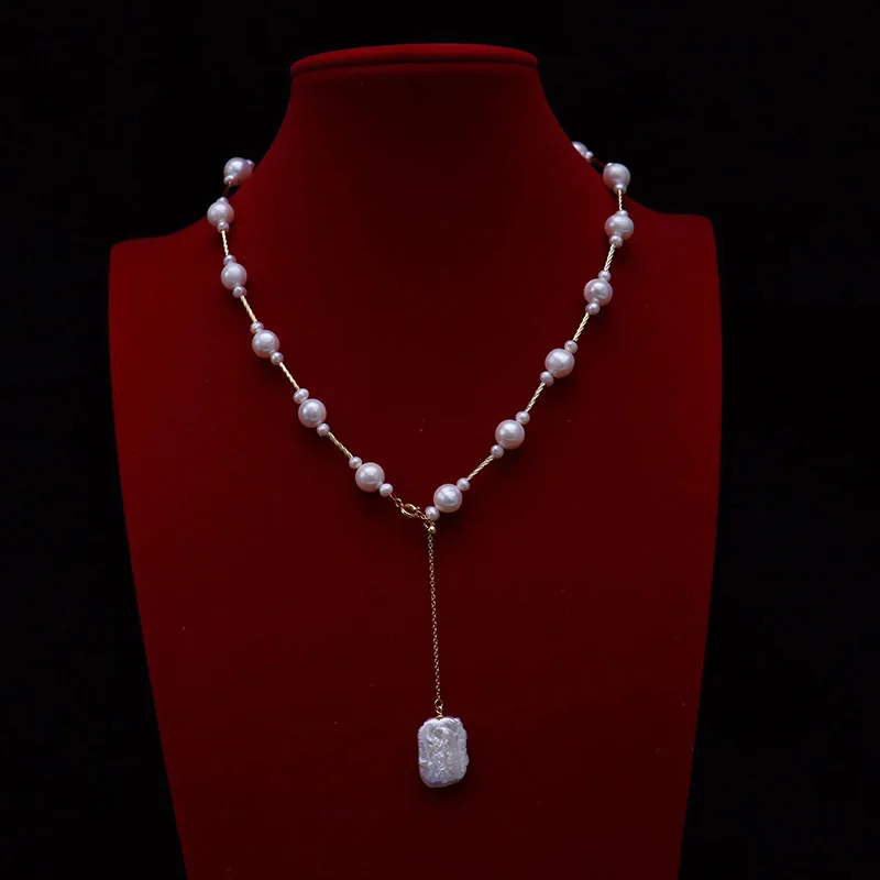 

053 ожерелье из натурального пресноводного жемчуга для женщин, универсальные бусины разных размеров, ниша, элегантная цепочка на ключицу во французском стиле ретро