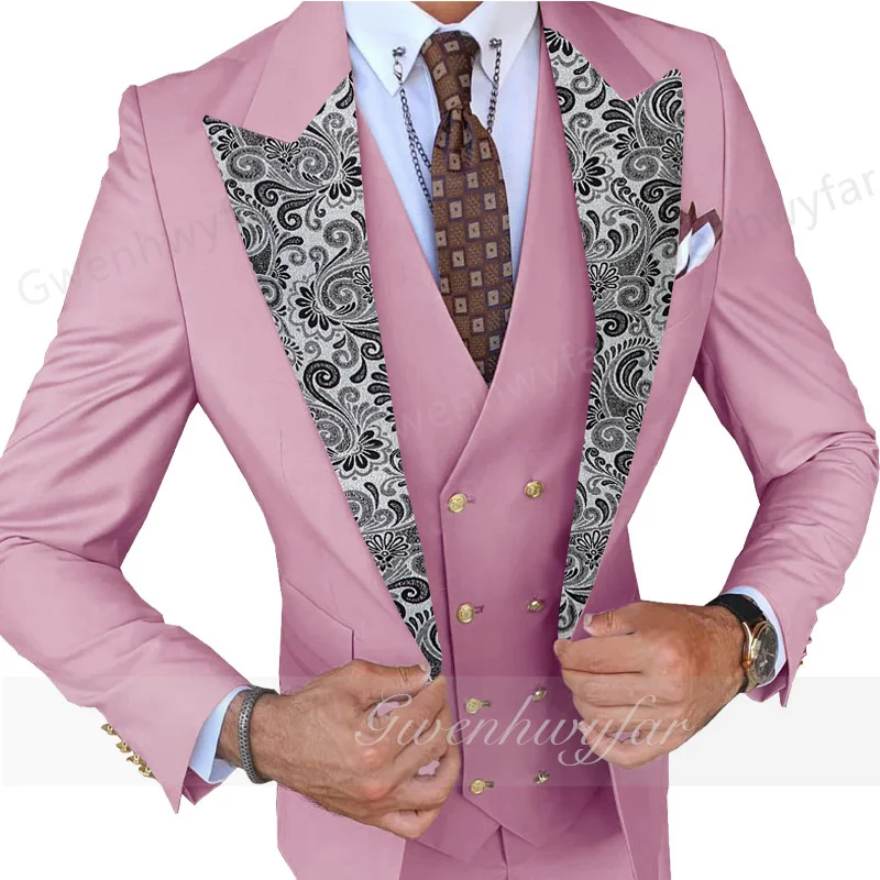 

Gwenhwyfar 2025 Fall/Winter Trendy Slim Fit Peak Neck Gold Button Men's Tuxedo 3 Pieces Wedding Groom Groomsmen Men's Suits